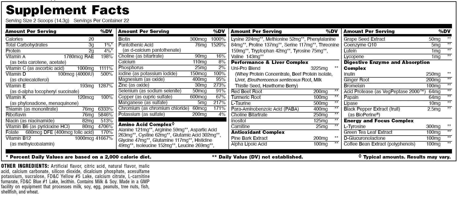 Animal Pak Powder by Universal Nutrition - Supplement Facts