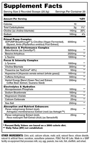 Animal Primal Preworkout by Universal Nutrition - Supplement Facts