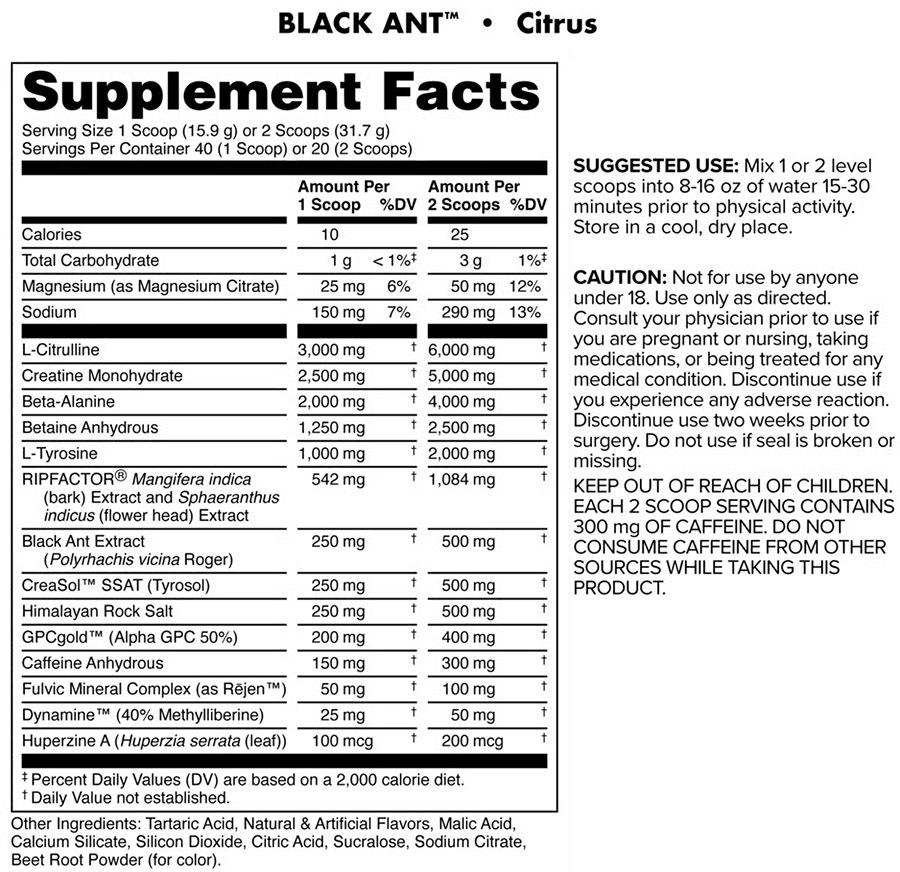 Black Ant by Bucked Up - Citrus - Supplement Facts