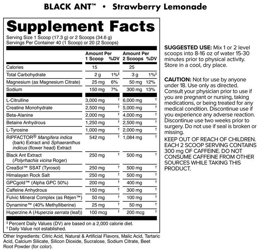 Black Ant by Bucked Up - Strawberry Lemonade - Supplement Facts