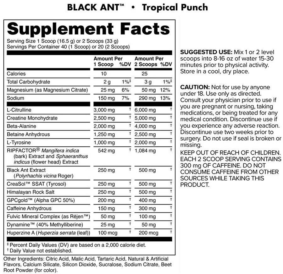 Black Ant by Bucked Up - Tropical Punch - Supplement Facts