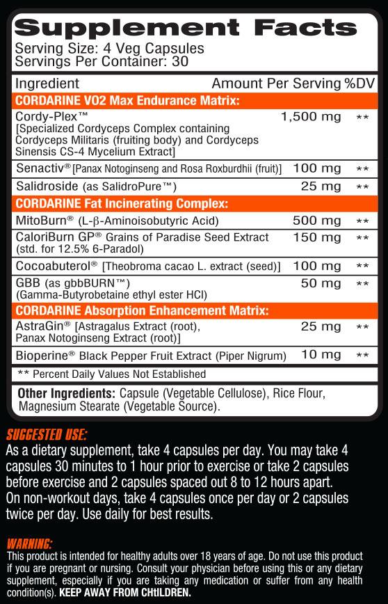 Cordarine by CEL Supplement Facts Panel Cordarine by CEL Supplement Facts Panel