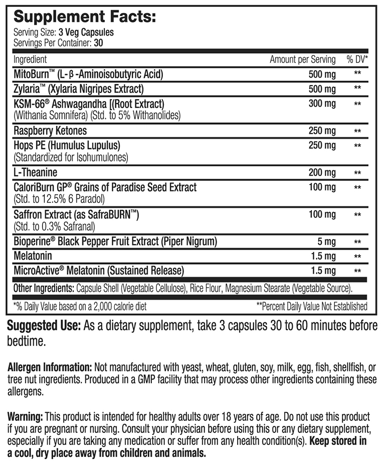 Lean Edge Nite Burn by SNS - Supplement Facts