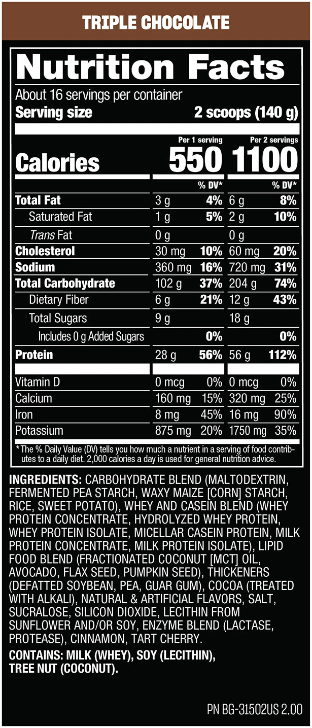 Mutant Mass Gainer - Tripple Chocolate - Supplement Facts