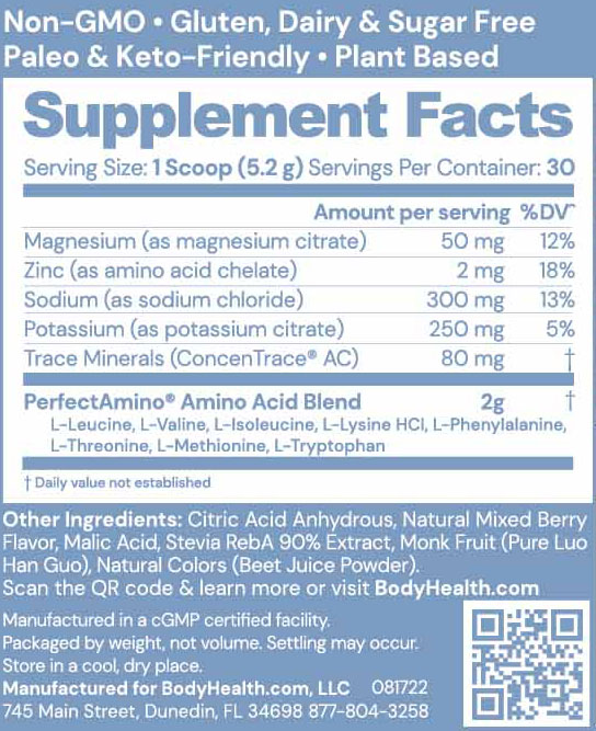 Perfect Amino Electrolytes by BodyHealth - Mixed Berry - Supplement Facts