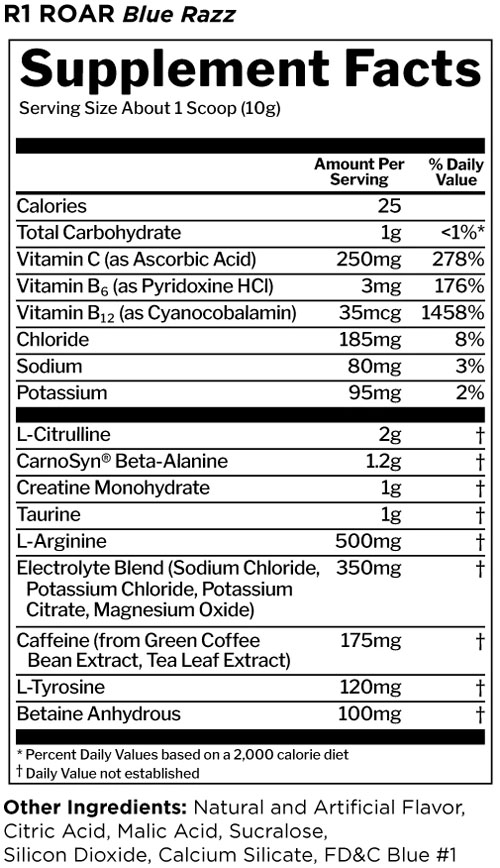 Roar by Rule 1 - Blue Razz - Supplement Facts