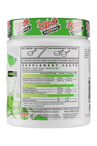 Psycho Pharma Vitals Pre-Workout - Tropical Fruit Punch -  Supplement Facts