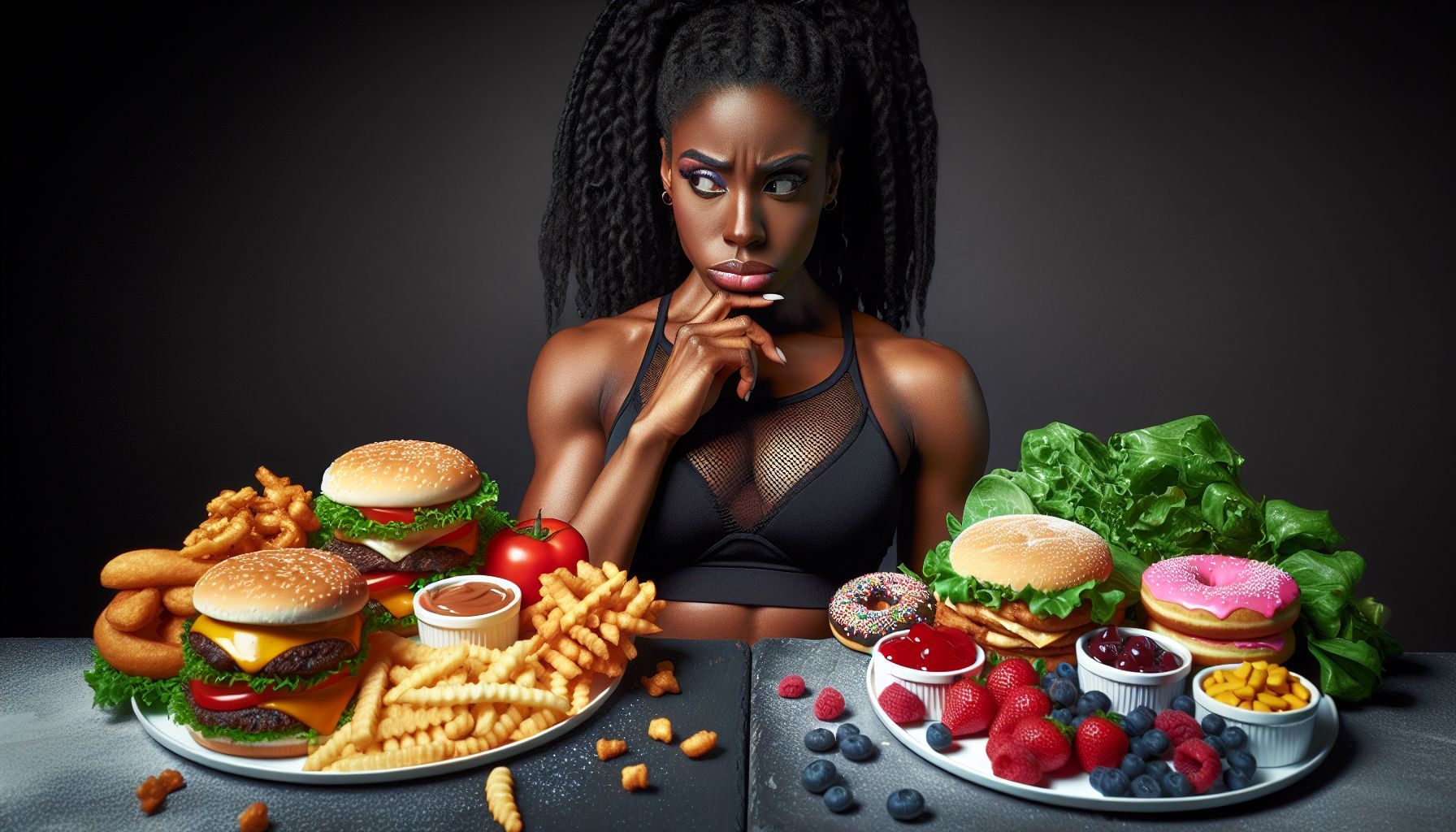 Illustration of a person choosing between a dirty bulk with junk food and a lean bulk with nutrient-rich food