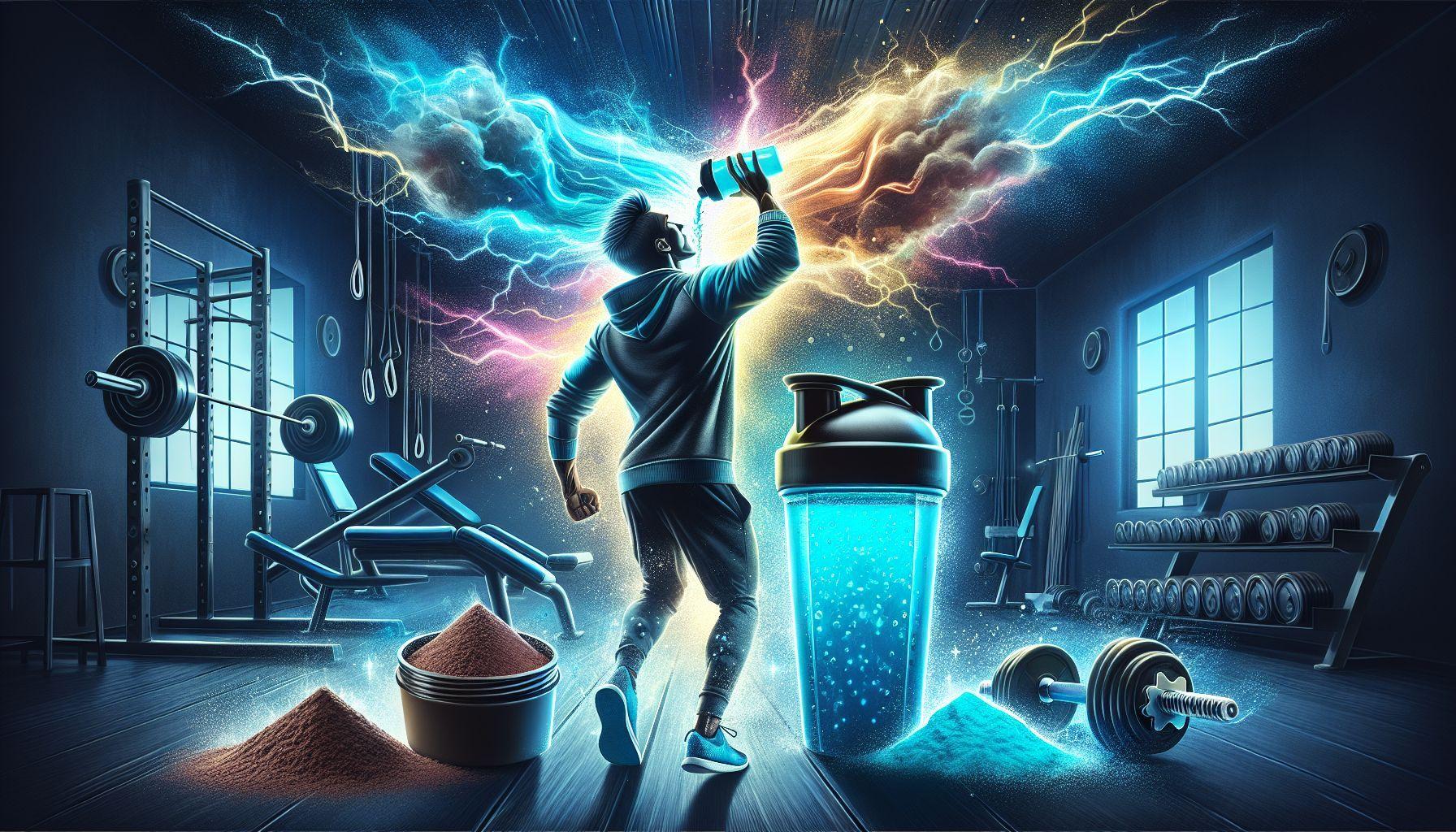 A person preparing a pre-workout energy drink with various supplements